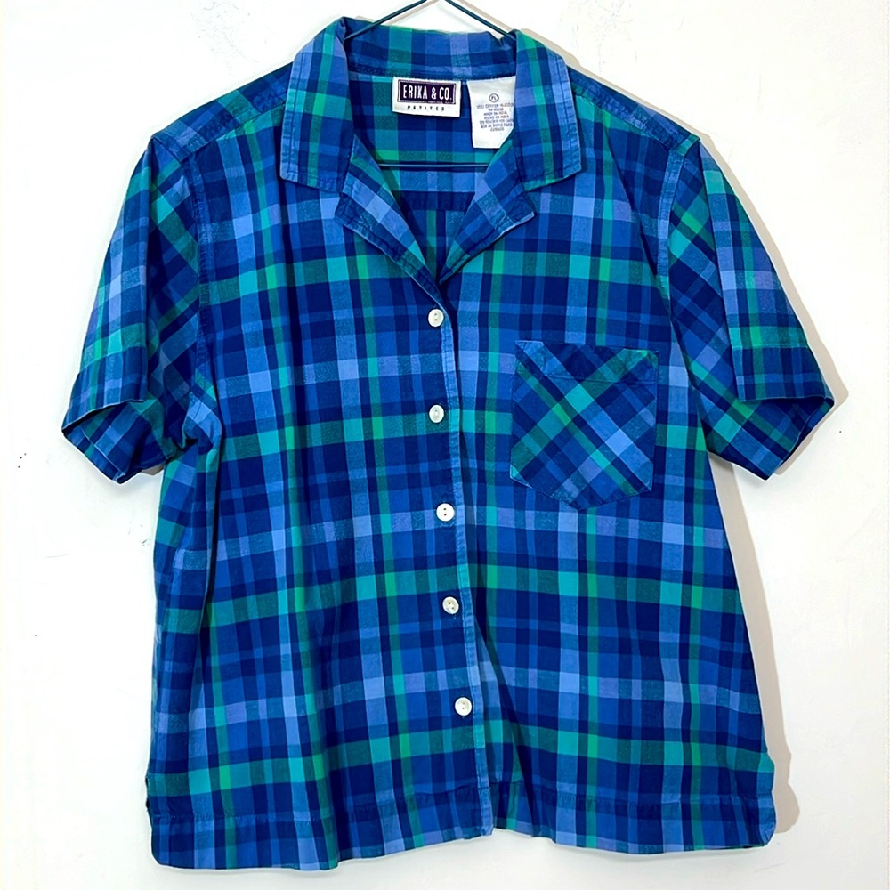 🌞 Erika & Co Petites Vtg Blue & Green Plaid Button up Short Sleeve Top women LP